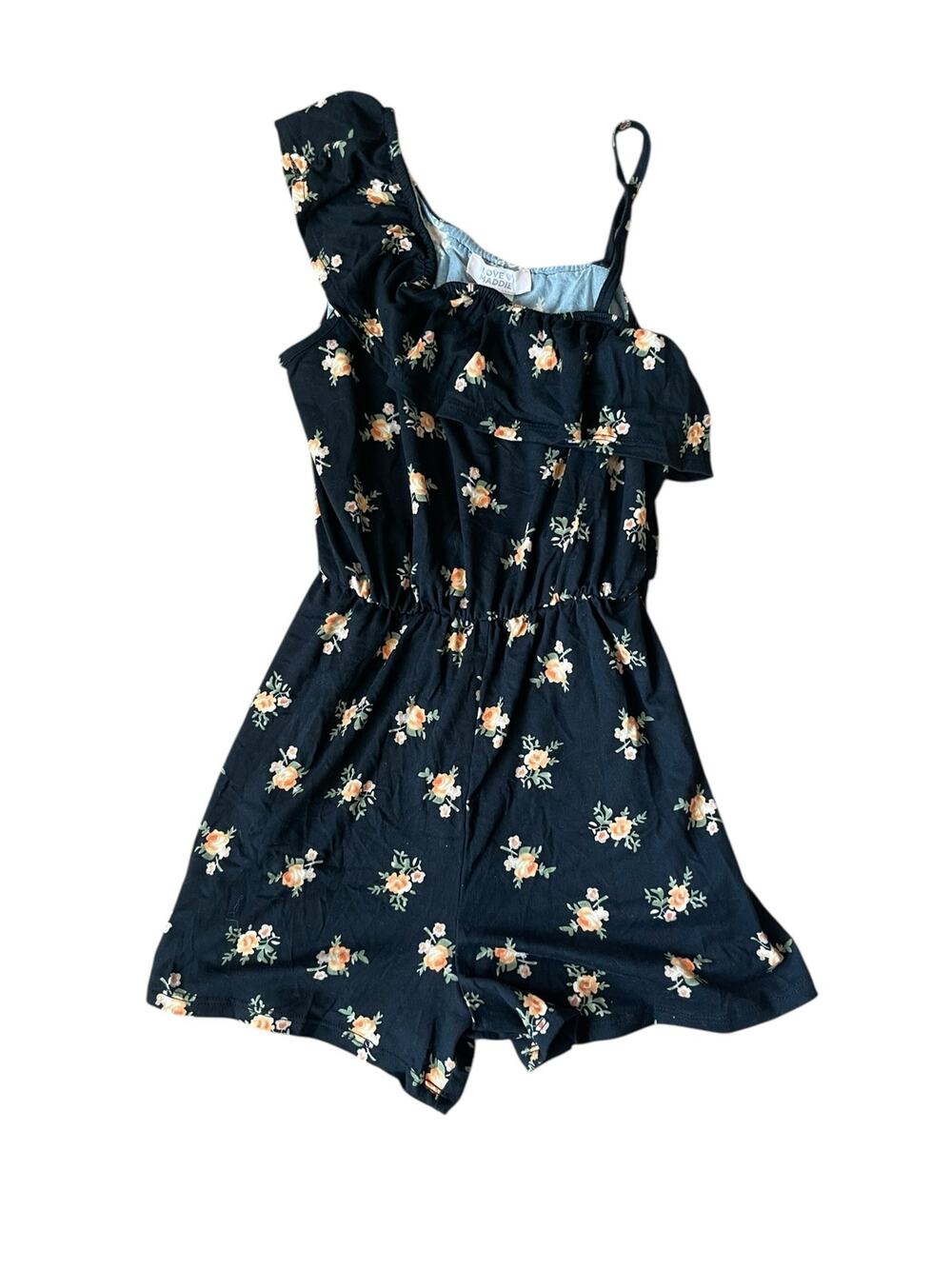 Love Maddie Girls Black Floral Sleeveless One Shoulder Romper Youth Size 12
